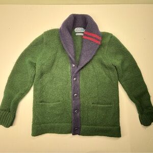 Polo Ralph Lauren Merino Wool Cardigan sz M GREEN BLUE LEATHER ELBOW SWEATER 90s